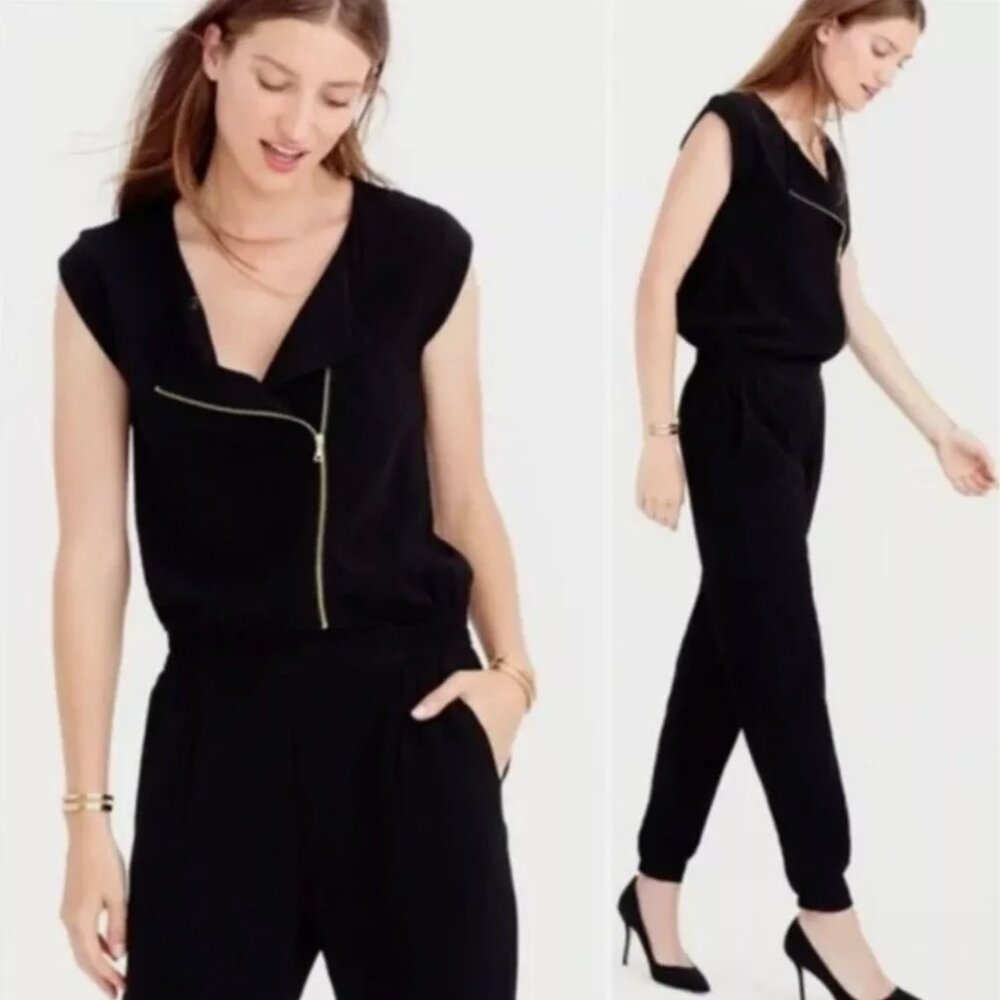 J.Crew Black Asymmetrical Zip Front Sleeveless Jumpsuit Size 2 Jogger Style